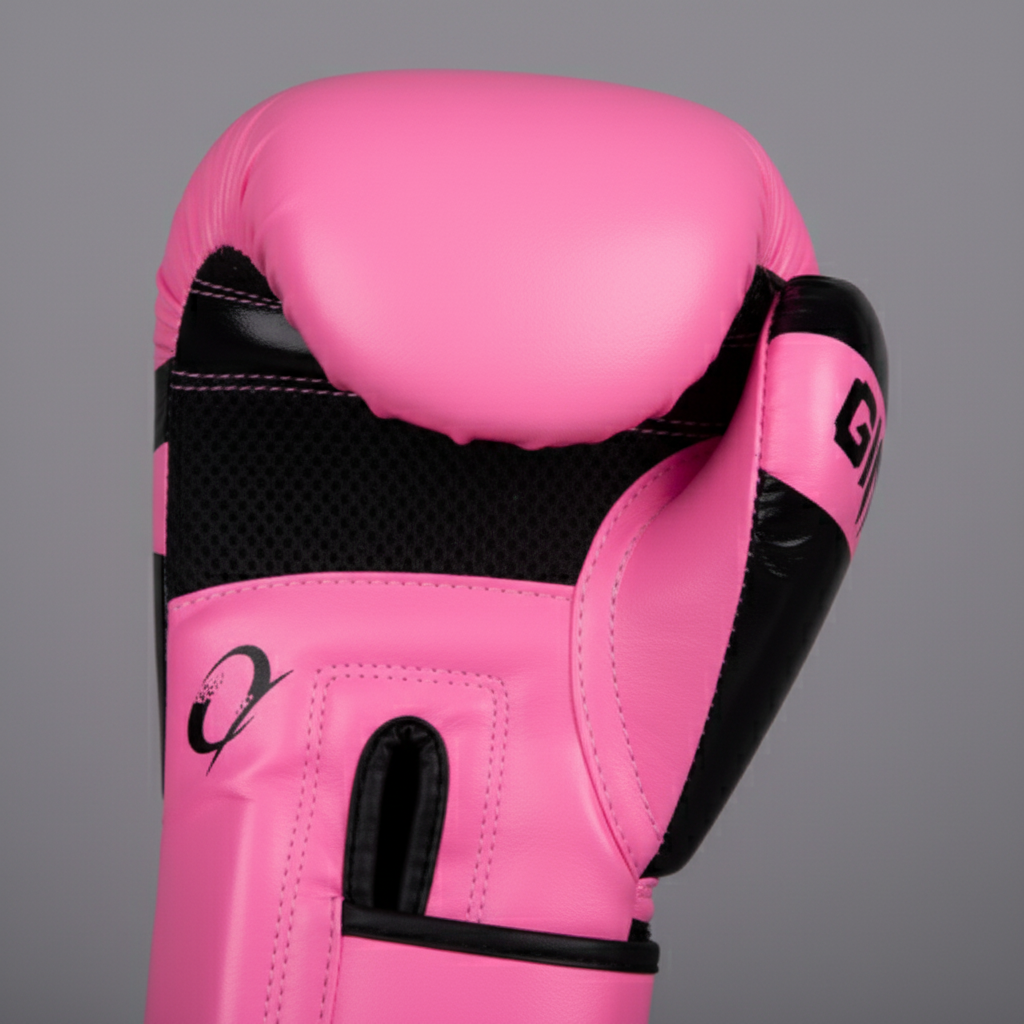 Détails des gants roses et blancs